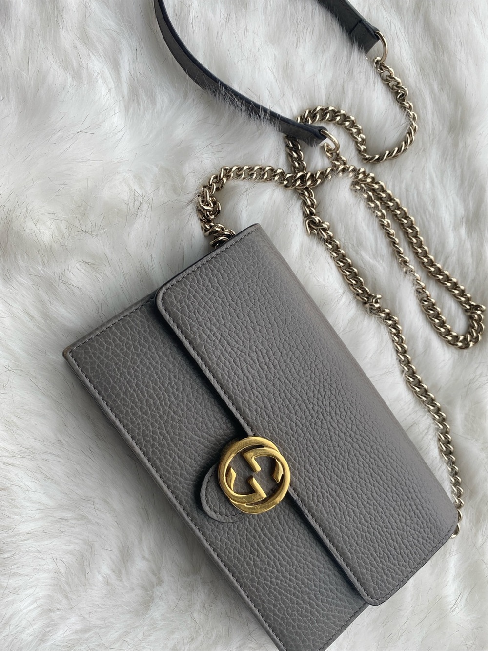 Gucci Gray Pebbled Leather Interlocking GG Marmont Wallet on Chain